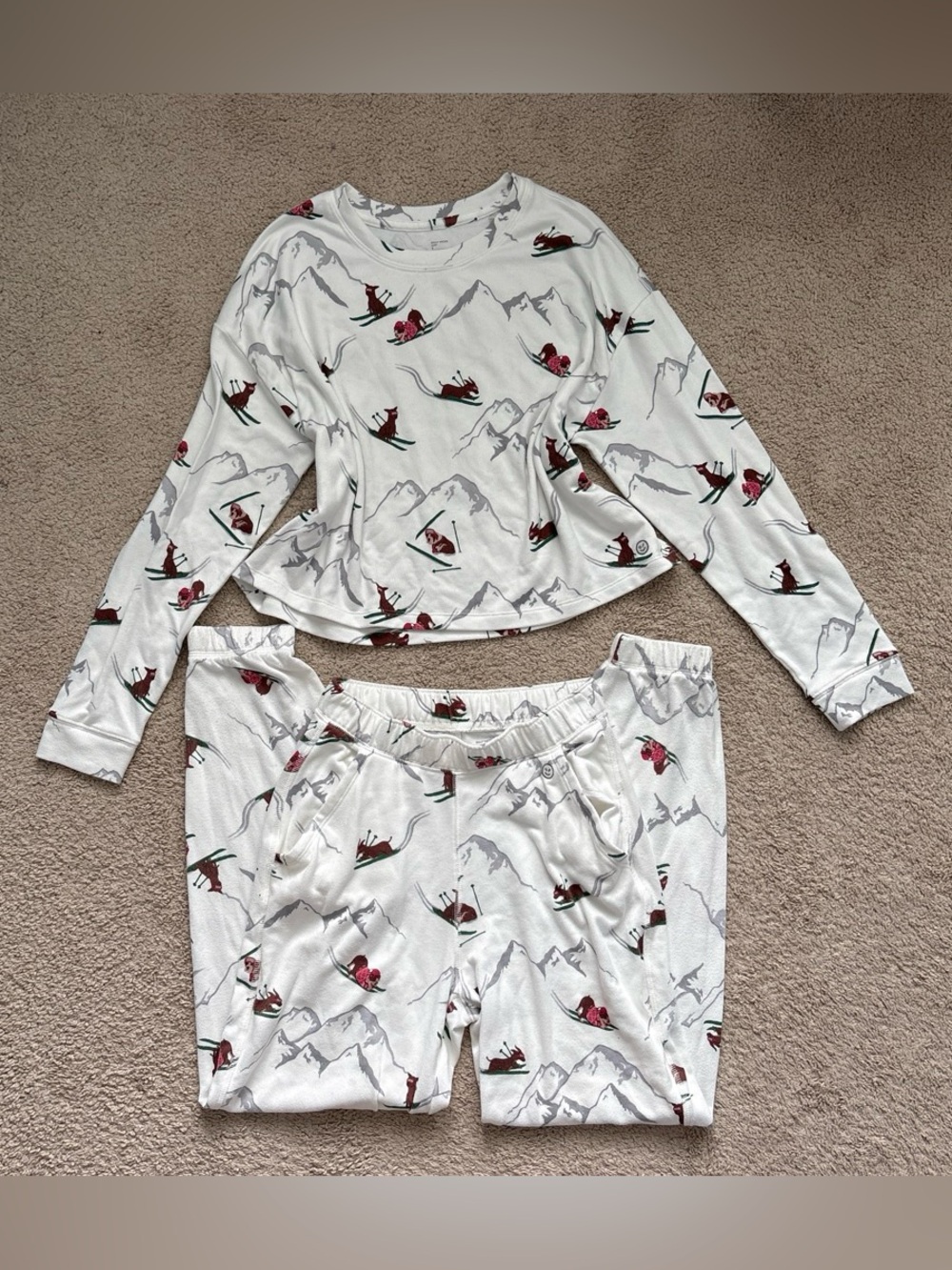 Hollister White Ski Print Long Sleeve Pajama Set with Pink & Green Accents